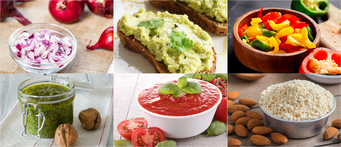 Receitas que podem ser feitas com o processador: Cebola picada, abacate triturado no pão torrado, pimentão fatiado, molho pesto, molho de tomate e amêndoas trituradas.